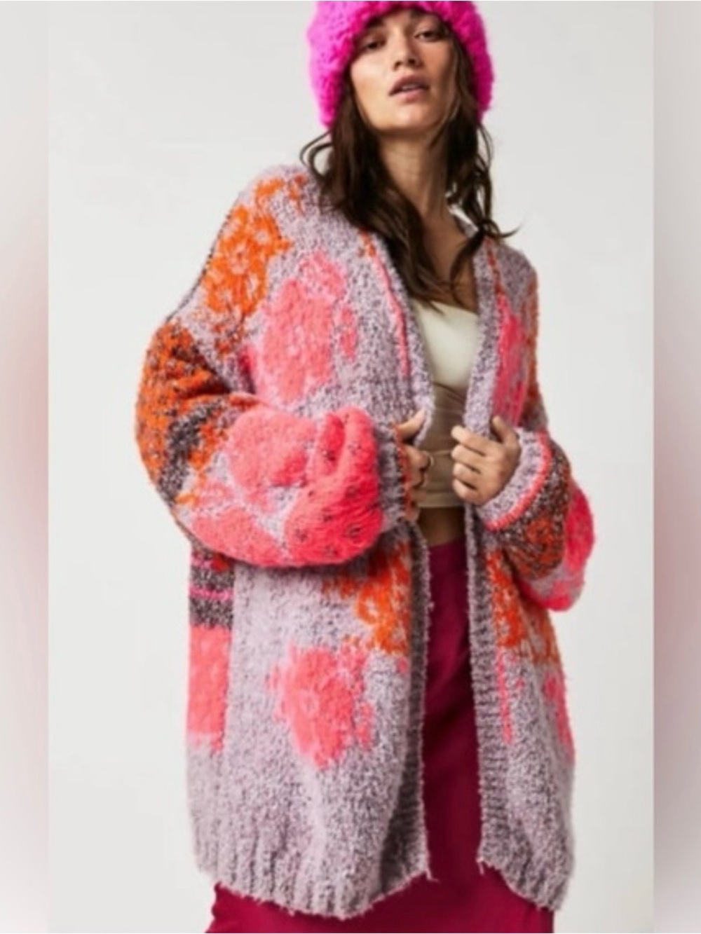 Free People Soft Bouclé Floral Knit Cardigan in Pink, Lavender & Hot Pink